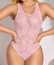 Sexy Sheer Pink Lace Bodysuit Teddy XL Thong Back NEW