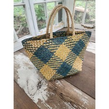 Woven Blue Plaid Wicker Hand Basket Handle Bag