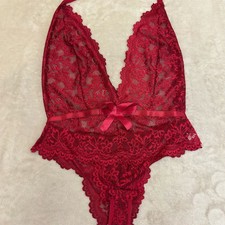 Women's Red Lace Halter Deep V-Neck Bodysuit XL Backless Teddy Lingerie