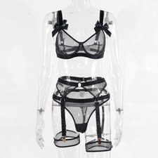 Body Stocking Nightwear Underwear@ Lingerie Set Womens Sheer Bra Thong Suspender