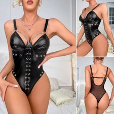 Black Women's PU Leather Bodysuit Lace Up Teddy Lingerie Bodysuit Clubwear US