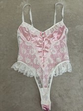Woman Pink White Lace Snap Open Thong Teddy Sexy Lingerie Bodysuit NEW!