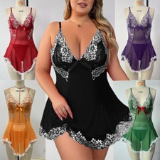 Plus Size Women's Lingerie Floral Lace Sheer Dress Babydoll Sleepwear G-string