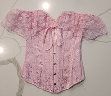 Pink Jacquard Masquerade Lace Overbust Off Shoulder Bustier Corset Top Women's S