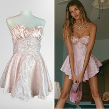 Womens Pink Satin Jacquard Corset Style Mini Dress Size L Milkmaid Coquette