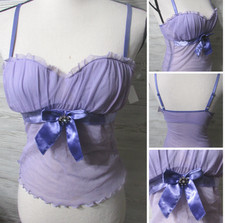 Sheer Purple cropped Mesh Cami Corset Babydoll Ruffled Lace Ribbons Lingerie Nwt