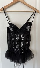 Victoria’s Secret Black Corset Bustier 34B Rhinestone Tulle Mesh Tutu Lingerie