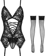 Plus size Lingerie for Women Stretchy Black Lace Teddy with Stockings Size XXL