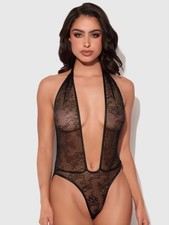 Kiki Lace Plunge Halter Teddy Black