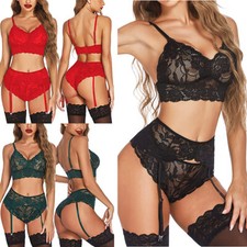 Sexy Lingerie Set for Women with Garter Belts 3PCS Bra Panty Lace Teddy Babydoll