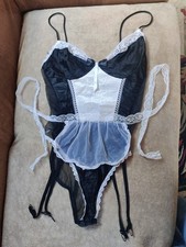 VTG Nan Flower Teddy French Maid Garters Lace Lingerie Sheer Tuxedo Women's L