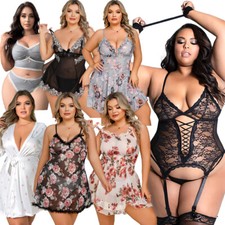 Plus Size Sexy Lingerie Women Lace Sheer Dress Sleepwear Nightwear Bodysuit US