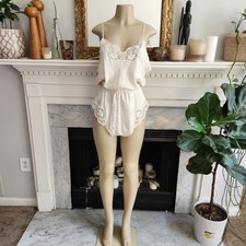 Vintage 90s Ivory Teddy Bodysuit Silk Lace Jacquard Lingerie Coquette Size Large
