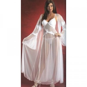 Bridal gown lingerie worn by brunette woman.