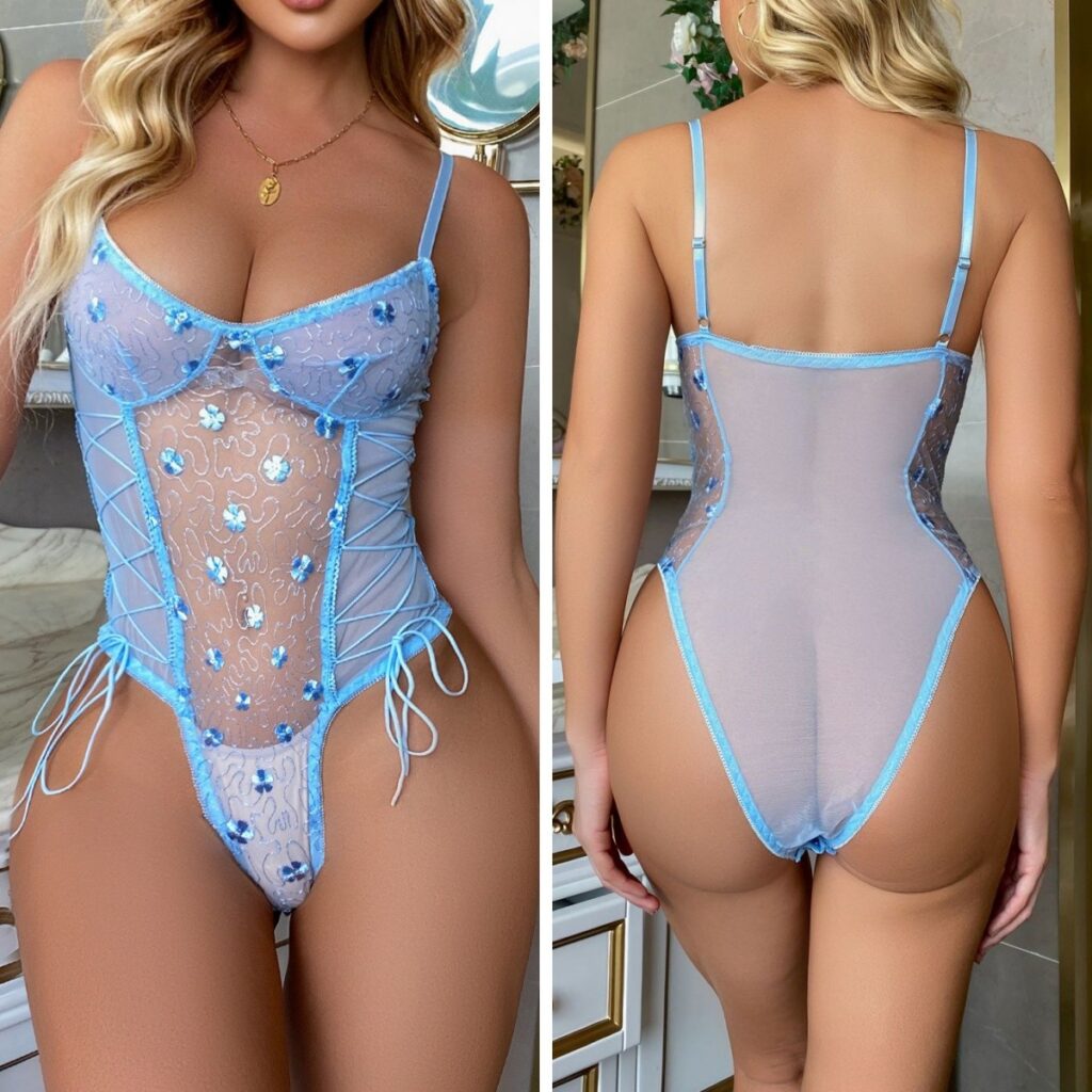 Blue lace teddy with floral lace details